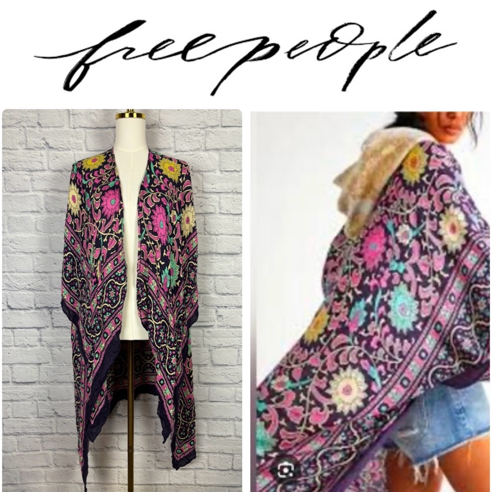 Free People Floral Boho Kimono Wrap in Purple, Pink, Yellow, Teal
